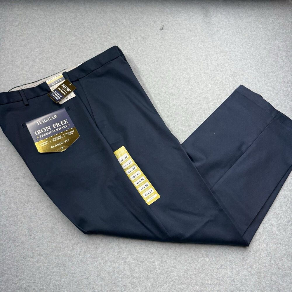 Haggar Iron Free Premium Khaki Cotton Twill Classic Fit Pants Men's 42 Navy Wri…
